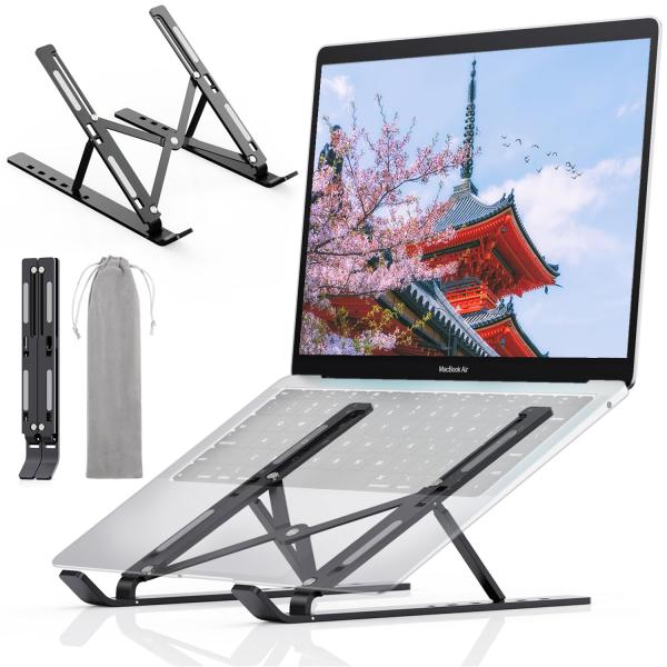 カラー：ブラック【人間工学設計＆6段階高さ調節可能】ノートパソコンスタンドは人間工学デザインにより、視線が高くなり適正な姿勢に、肩や腰や首など負担を軽減してくれて、猫背などを有効に防止できます。長時間のノートパソコン作業時に傾斜角度約15°...