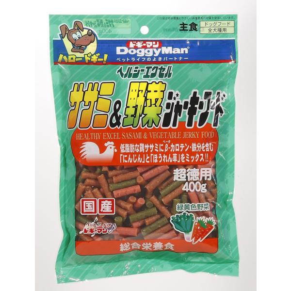 サイズ：400g手から与えられる総合栄養食・ジャーキー。フードに混ぜやすいカットタイプ。ササミと食物繊維入り。原産国 : 日本原材料 :肉類（鶏肉、鶏ササミ）、小麦粉、大豆加工品、パン粉、植物油脂、糖類、脱脂大豆、酵母、野菜類(にんじん、ほ...