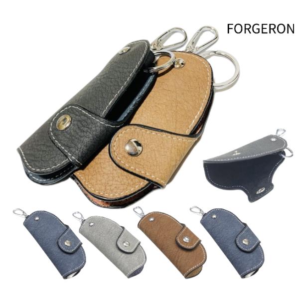 レザー ケース 黒 ボタン付き FORGERON 本革 ステッチ入りコンパクトキーケース 二つ折り スナップ
