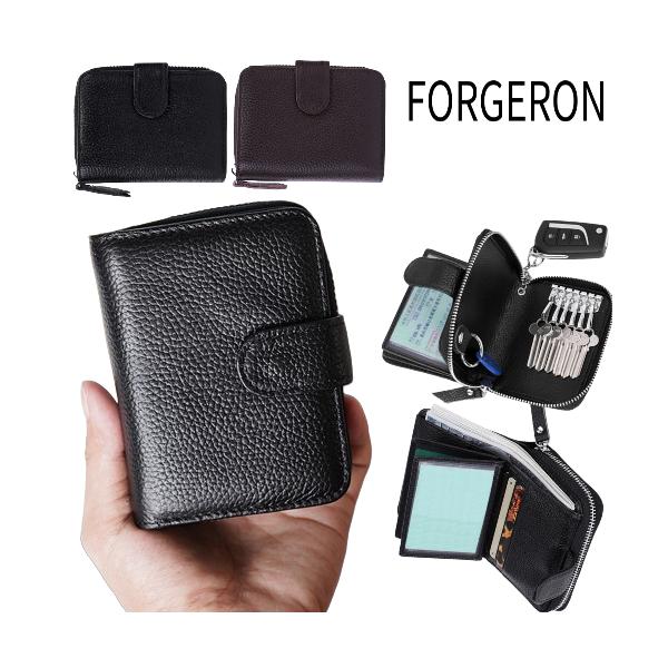 FORGERON 本革 二つ折り財布＆6連キーケース カードケース ウォレット 札入れ カード入れ スマートキー用キーリング付き 小銭入れなし 財布一体型 大容量 [678R]