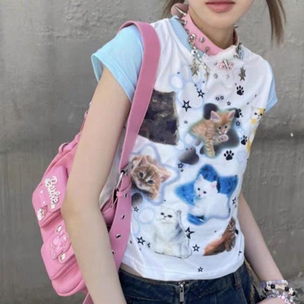 "CV Select【シーブイセレクト】女児じゃないもん！Tシャツ/全1色"Tシャツ 地雷系 サブカル系 Y2K Y3K クロップド丈 ショート丈 ピチT メンヘラ 病み 猫 CAT 女