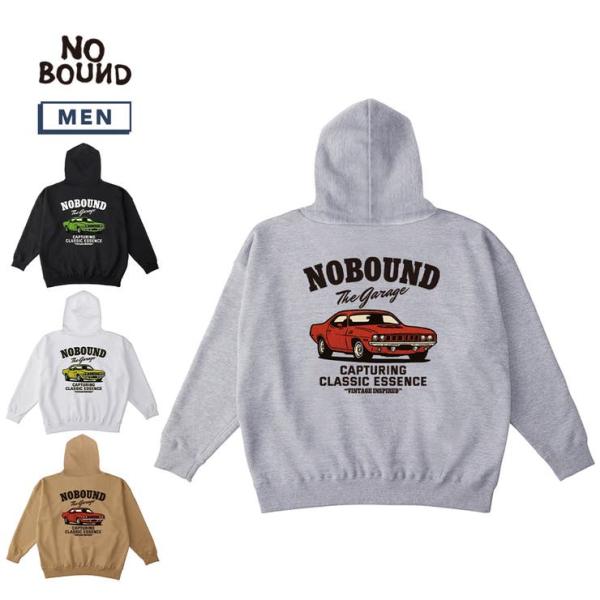NOBOUND（ノーバウンド） プルパーカー メンズ スウェット ビッグシルエット クラシックカー 車 イラスト ロゴ バックプリント プルオーバーパーカー フーディー