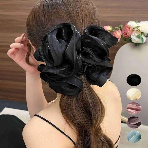 送料無料 大きめヘアアクセサリービッグクリップ まとめ髪フェミニン髪留め韓国風 サテン風 光沢感立体感 お
