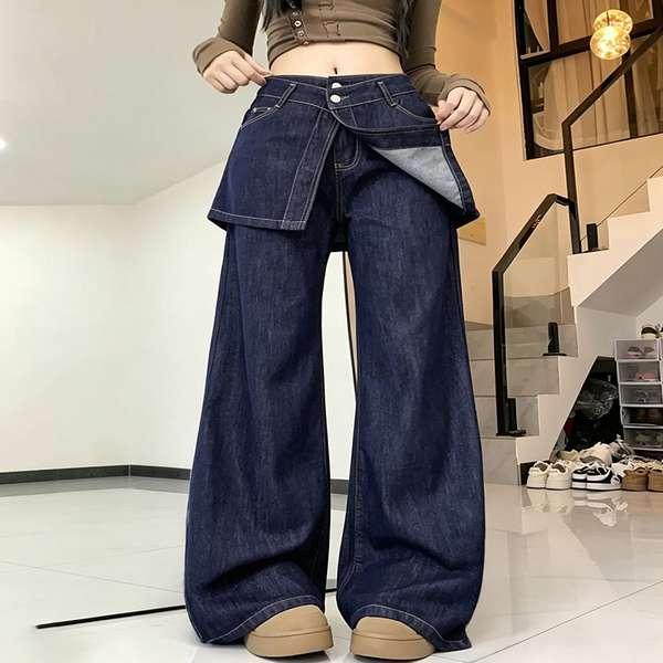 送料無料 レイヤード風デニムパンツ レディース ゆったり ラップスカート風フレアワイドデニムレトロ 体型カ