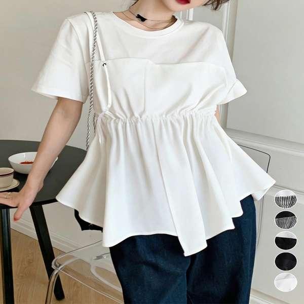 送料無料 レディース ウエストマーク レイヤード風夏服 大人可愛い ウエストギャザートップス 体型カバーカッ