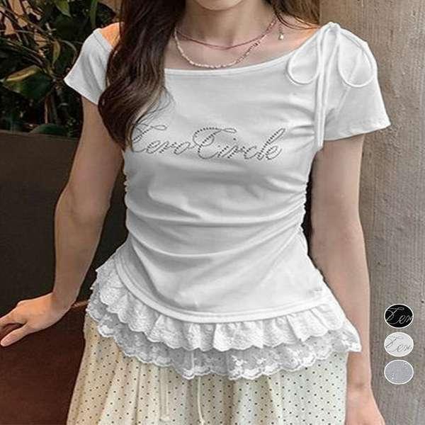 送料無料 ワンショルダーカットソー ラインストーンロゴ 半袖カットソー 韓国風Tシャツ バレエコアY2Kトップス