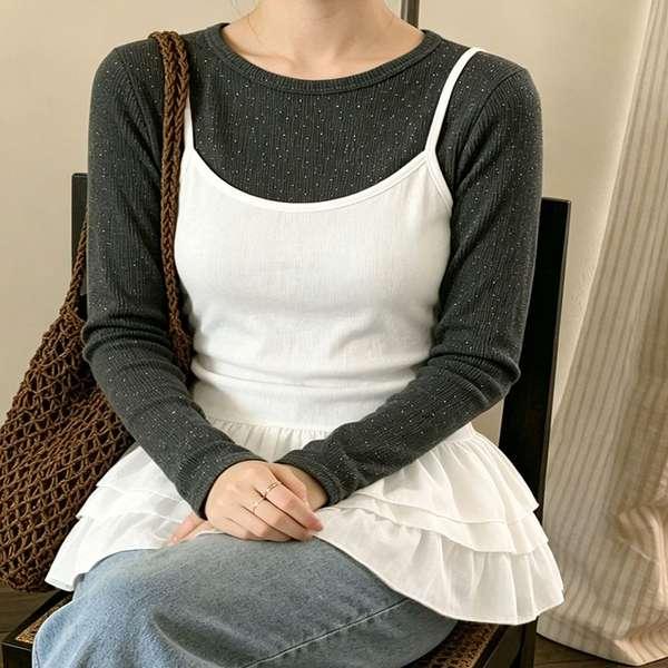 送料無料 レディース大人可愛いレイヤード用キャミソール 異素材切替ペプラムトップス おしゃれ重ね着キャミ