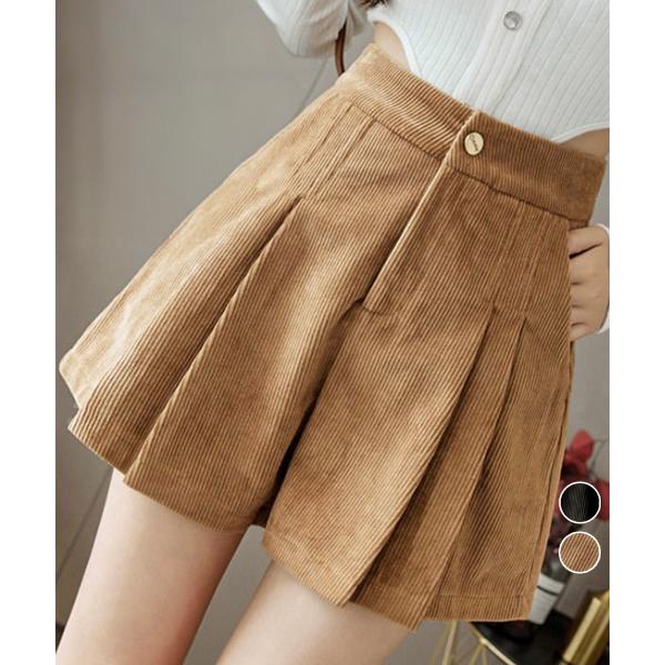送料無料 プリーツ キュロットパンツ レディース Aライン ワイドパンツ 体型カバー タック短パン 韓国風 秋冬