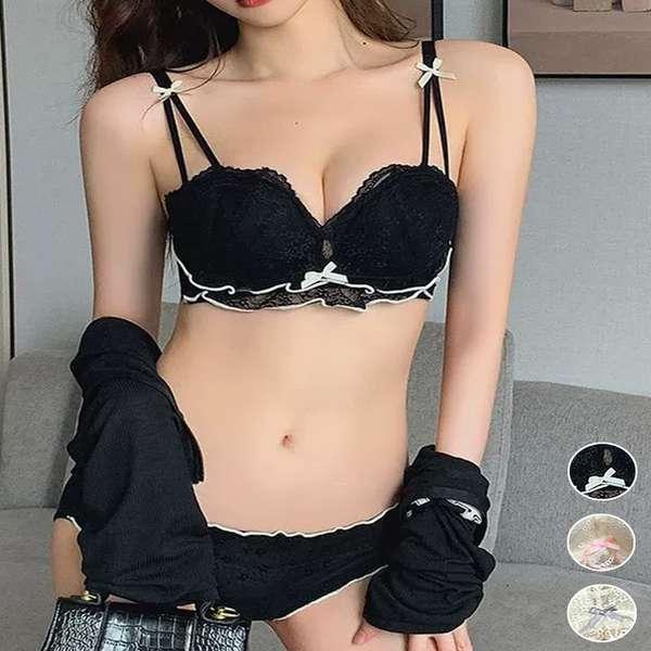 送料無料 レディース大人可愛い下着セット セクシーブラジャーノンワイヤー ローライズショーツ 谷間寄せる