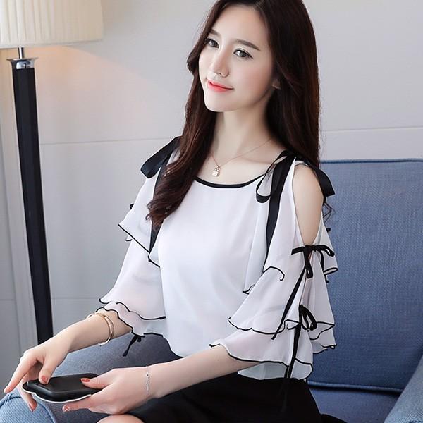 トップス レディース リボンストラップ シフォンシャツ オープンショルダー 夏トップス ホワイト エレガント 大人コーデ Top001 Shopmana 通販 Yahoo ショッピング