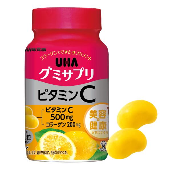 UHA グミサプリ ビタミンC 30日分 60粒 1日2粒 ボトルタイプ レモン味 2粒に500mgのビタミンC配合 ・1日摂取目安量2粒・アレルギー物質：りんご・ゼラチン・内容量：60粒・商品サイズ：??????????109 x 55 ...