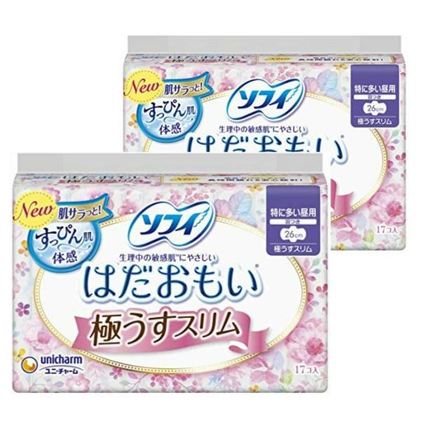 【まとめ買い】ソフィ New肌サラっと！ はだおもい 極うすスリム 260 特に多い昼用 羽つき 26cm 17コ入×2個パック(unicharm Sofy)