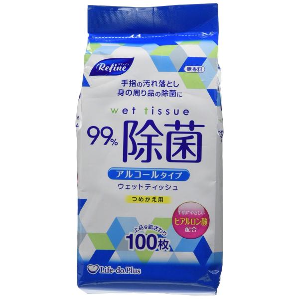 ウェットティッシュ ライフ堂(Lifedo) Life-do.Plus アルコール 99%除菌 詰め替え 100枚 無香料 ヒアルロン酸配合