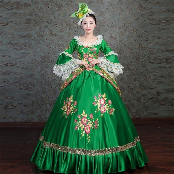 プリンセスライン 宮廷服 髪飾り付き ラッパ袖 プリンセスラインお姫様ドレス 中世貴族 豪華ロングドレス お姫様ドレス 緑 舞台ステージ衣装演劇オペラ声楽