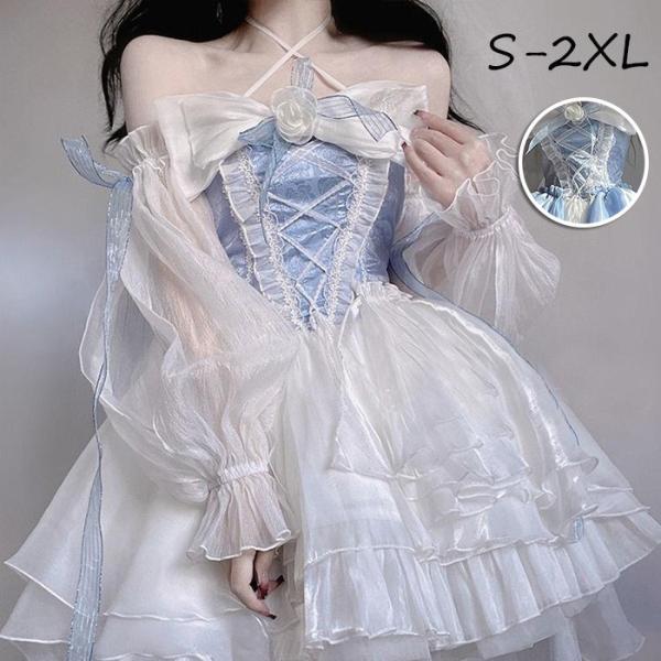 ワンピース ロリータ Lolita ドレス ブルー ホワイトリボン トレーン