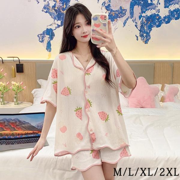 パジャマ レディース 半袖 短パン 半ズボン 夏用 春夏 可愛い セットアップ ショートパンツ ショーパン ハーフパンツ いちご柄  胸パッド付き ルームウェア