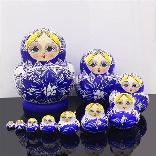 マトリョーシカ ロシア民芸品 土産物 マトリオーシカ 手作り人形 手描き オブジェ 10個組 青い ブルー  キッズ 子供部屋 ハロウィン