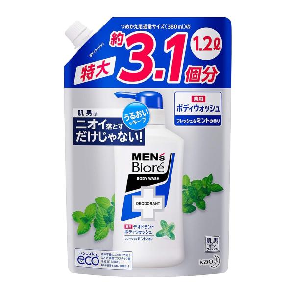 大容量 メンズビオレ 薬用デオドラント ボディウォッシュ フレッシュなミントの香り つめかえ用 1200ml 医薬部外品