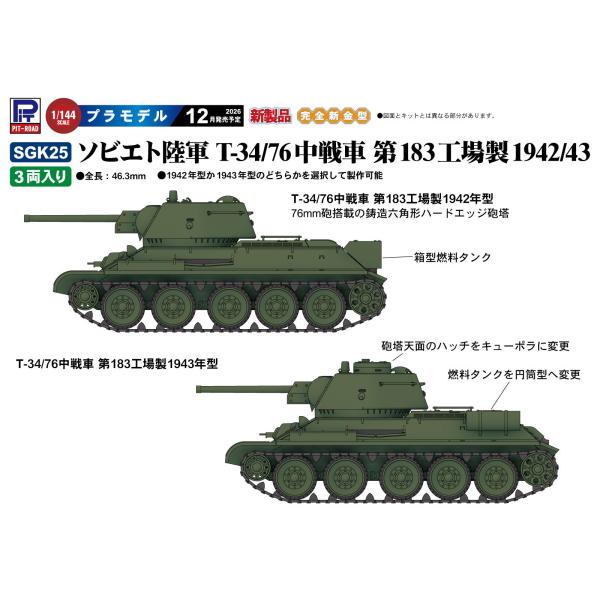 ピットロード 1/144 ソビエト陸軍 T-34/76中戦車 第183工場製 1942/43 SGK25 2026年12月発売予定