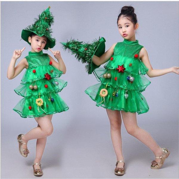 サンタ コスプレ クリスマスツリー 衣装 子供 サンタ服 キッズ 女の子 ジュニア 長袖ワンピース ツリー コスチューム 演出 パーティー