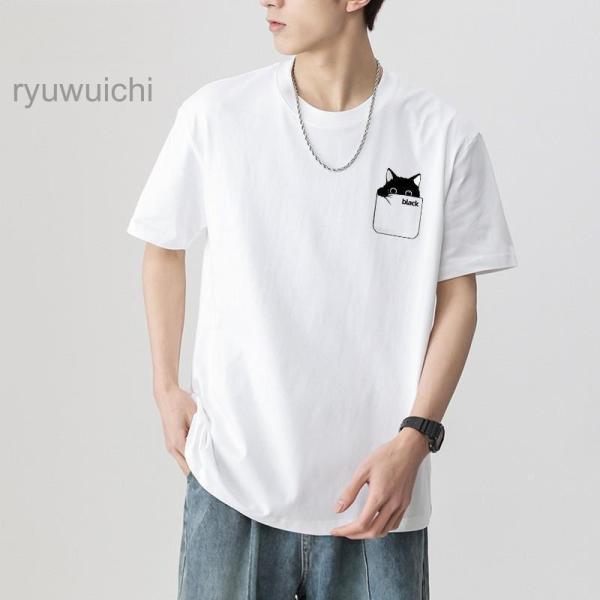 Tシャツ メンズ 半袖 丸首 猫柄 ねこ柄 シンプル お兄系 かわいい クルーネック 涼しい カジュアル 春 夏 ゆったり ス