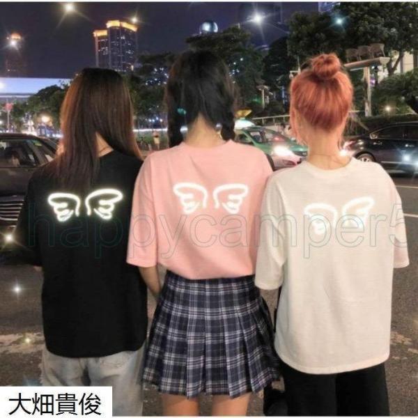 Tシャツ レディース 半袖 クルーネック 五分袖 バックプリント 羽 反射 ス ゆったり かわいい M L XL 2XL