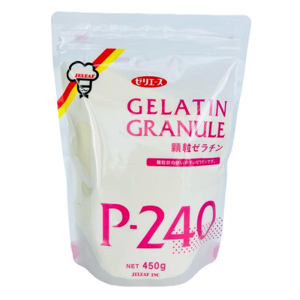 素材の持ち味を引き立たせる直接添加タイプ商品名：顆粒ゼラチンP-240（豚由来）■名称：ゼラチン■原材料名：ゼラチン（国内製造）■内容量：４５０ｇ■保存方法：高温多湿・直射日光を避け、常温で保存してください。■加工者：株式会社ジェリフ●使用...