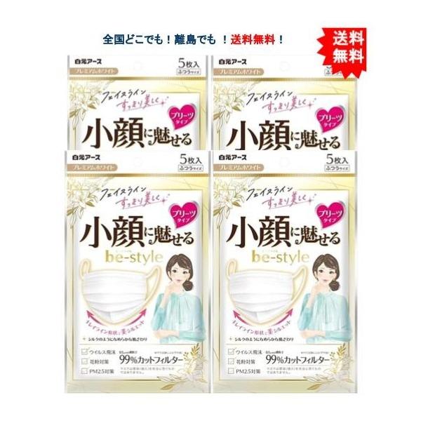 [白元アース] ビースタイル プリーツタイプ ふつうサイズ プレミアムホワイト (5枚入) × 4個セット 【送料無料】
