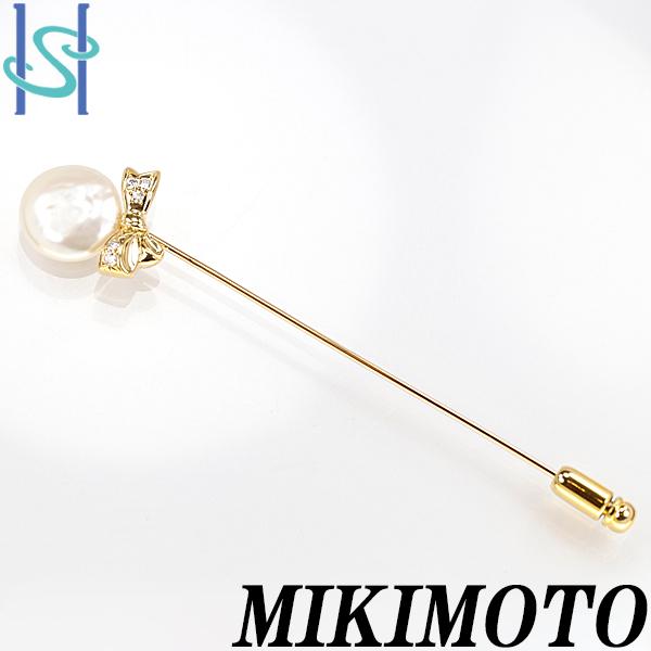 ミキモト 白蝶パール ピンブローチ K18イエローゴールド リボン