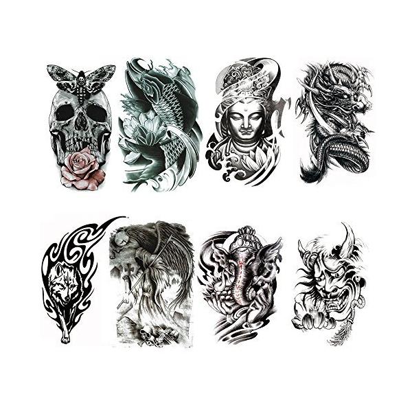 Yesallwas タトゥーシール リアル 大判 和彫り 8枚セット スカル ドクロ 黒 薔薇 蝶 黒 鯉 仏 仏像 龍 ドラゴン トライバル 狼 オオカミ 般若 お面 死神 タトゥーステッカー ボディーシール メンズ 入れ墨 シール 刺青シール 防の価格と最安値 おすすめ通販を激安で
