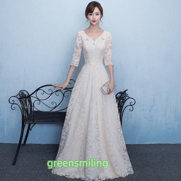ウエディングドレス aライン オフホワイト 袖あり レース ウェディングドレス 花嫁 結婚式 ブライダル パーティー 二次会 ブライダル ロングドレス