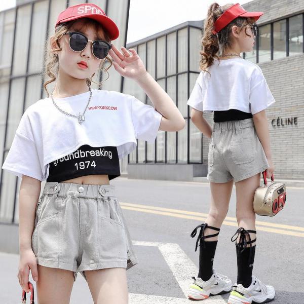 キッズ ダンス衣装 へそ出し 練習着 黒 白 タンク ショート丈Tシャツ 半ズボン ヒップホップ 子供 ダンス 女の子 半袖 イベント 発表会 演出