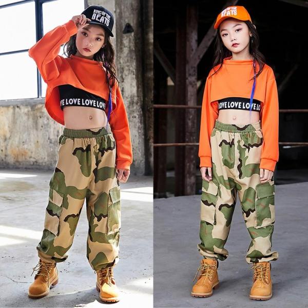 迷彩パンツ ジャズダンス キッズ ダンス衣装 ヒップホップ 上下 セットアップ 子供 サルエルパンツ ス HIPHOP 長袖 ステージ衣装 練習着