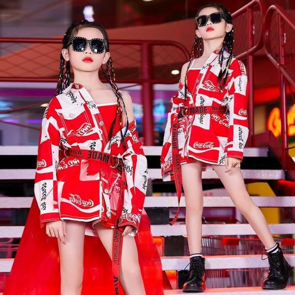 キッズ ダンス衣装 赤 ガールズ ジャズダンス ベール シャツ 韓国 HIPHOP ス セットアップ 応援団 長袖 ジュニア ダンス衣装 練習着