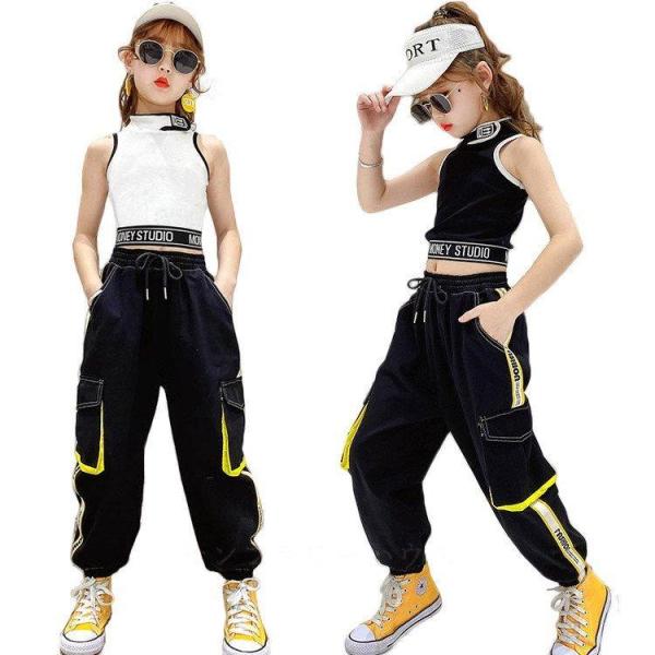 ダンス衣装 キッズ へそ出し タンク パンツ 黒 白 練習着 ヒップホップ ジャズダンス 女の子 韓国 チアガール ステージ衣装 子供 応援団 発表会