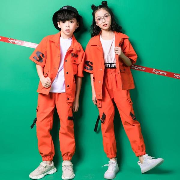 販売 オレンジ キッズ ダンス衣装 ヒップホップ セットアップ HIPHOP 男の子 女の子 秋 男女兼用 ジャズダンス シャツ ダンスス