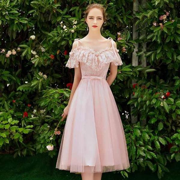 4タイプ ブライズメイド ドレス ミモレ丈 編み上げAライン細身 着痩せ 結婚式 花嫁ドレス チュール 姫系 ワンピース 二次会 卒業式 発表会