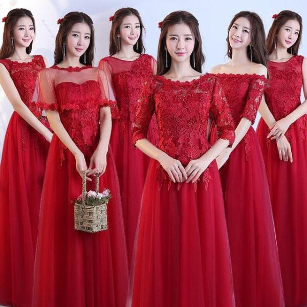 ドレス ワイン赤 ブライズメイドドレス レース オフショルダー ロング 結婚式ドレス フォーマル 花嫁ドレス チュール 成人式 お呼ばれドレス 二次会