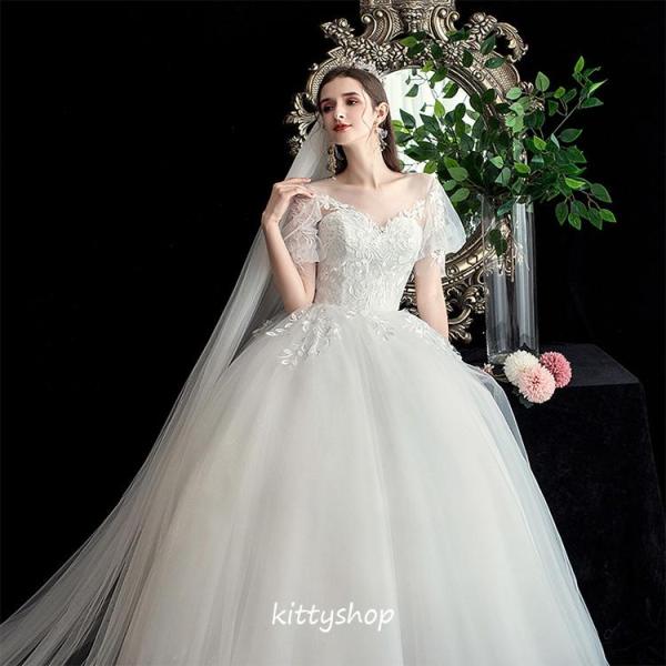 ウェディングドレス 白 結婚式ドレス 二次会ドレス ホワイトドレス キレイめ チュール パフスリーブ ロングドレス Aライン Vネック 花嫁ドレス