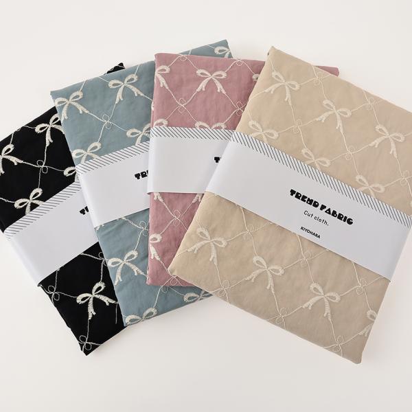 生地 布 ナイロンワッシャーリボン刺繍 130×50cm カットクロス | 布地 はぎれ カット布 リボン柄 かわいい