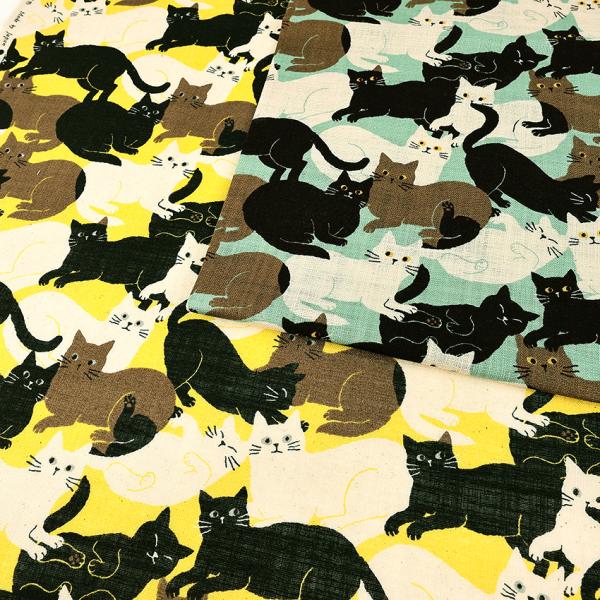 リネンライクスラブ ゴロにゃんカーニバル 50cm単位 | 切売り 切り売り 生地 布 布地 リネンライク 綿 ざっくり シャリ感 ナチュラル コットン100％ かわいい