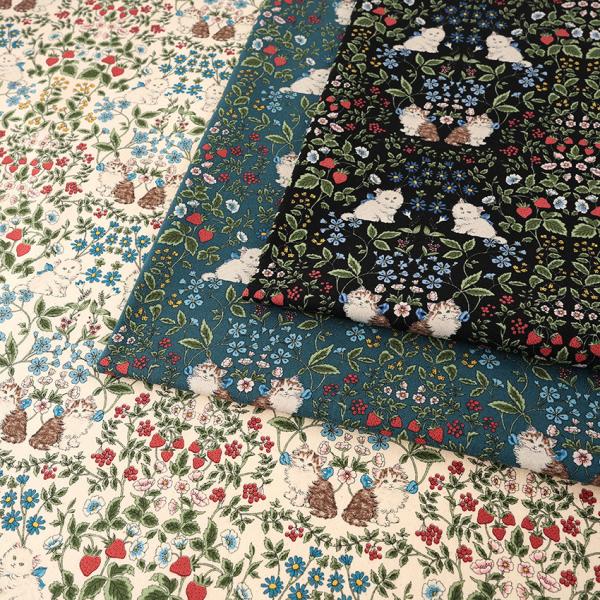 猫柄 綿キャンバス 50cm単位 | 切売り 切り売り 生地 布 布地 コットンキャンバス コットン100％ ねこ ネコ キャット ボタニカル 草花 いちご シンメトリー 花