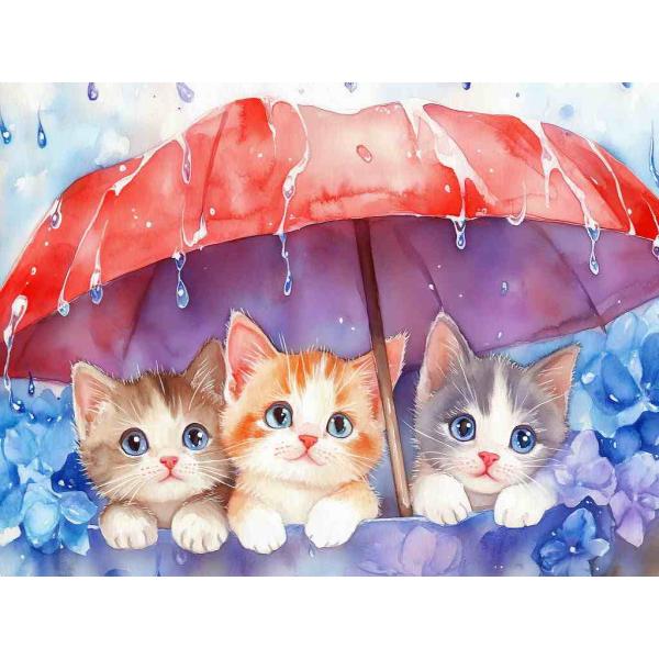 ダイヤモンドアート キット 四角ビーズ 子猫 Kitten 雨の日 赤い傘と
