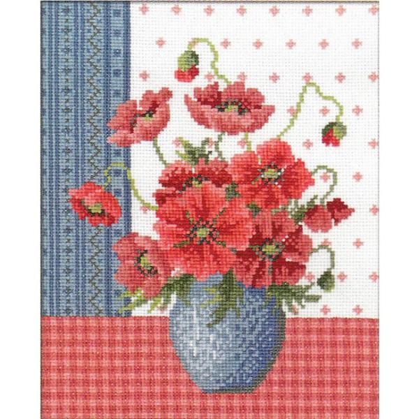 クロスステッチ完成品“フラワー花瓶 えんじ”額入り 刺繍 クロス