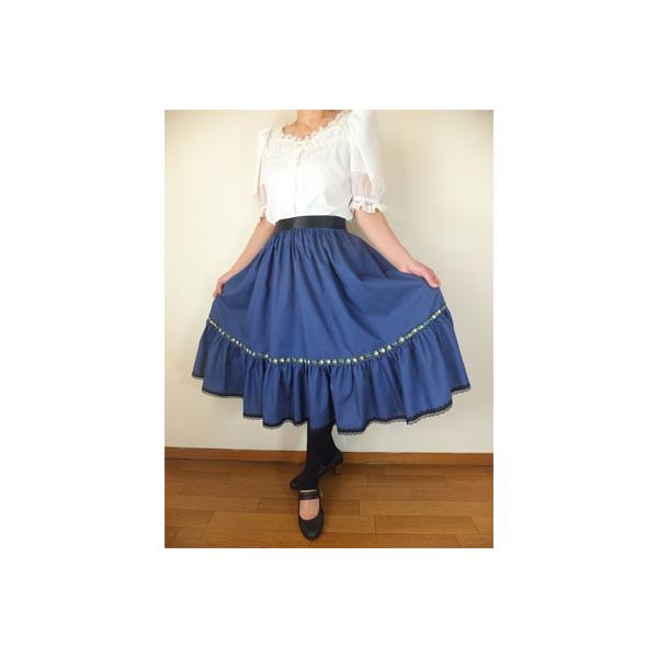 フォークダンス衣装◆裾回り4ｍチロル2段ティアードスカート紺SK110