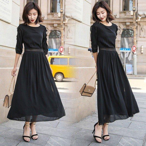 ワンピース レディース 春夏 マキシワンピース 七分袖 黒ワンピース Aライン ロング 韓国風 オシャレ 着痩せ 上品 新作 結婚式ドレス上品 大人 きれいめ Wpsk Aura 通販 Yahoo ショッピング