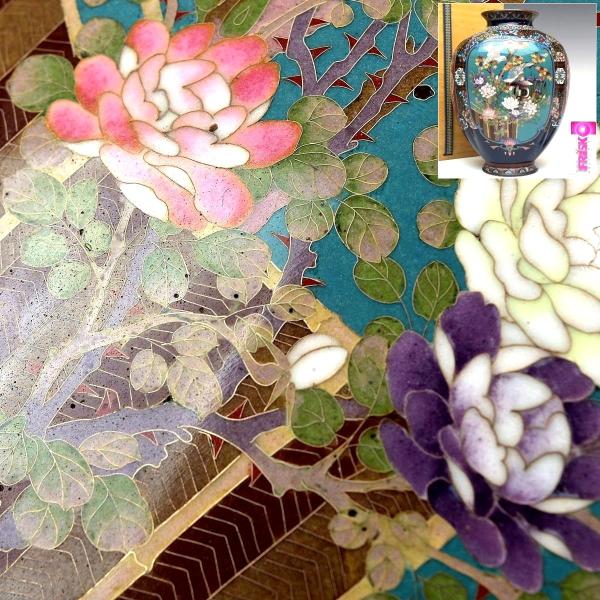 趣楽】 希少 超絶技巧 明治時代 細密七宝花鳥鳳凰図花瓶 高さ