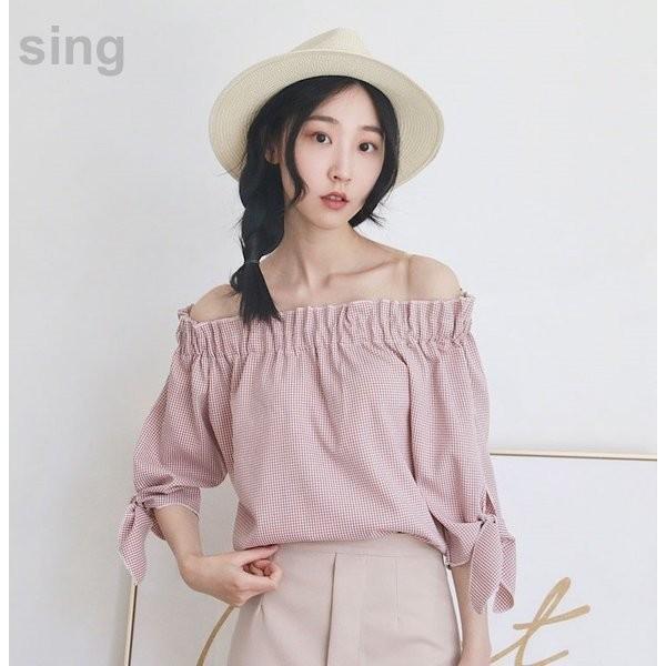 オフショルブラウス レディース ブラウス シック ミディアム丈 オフショルダー ギンガムチェック トップス Sing Sign White 通販 Yahoo ショッピング