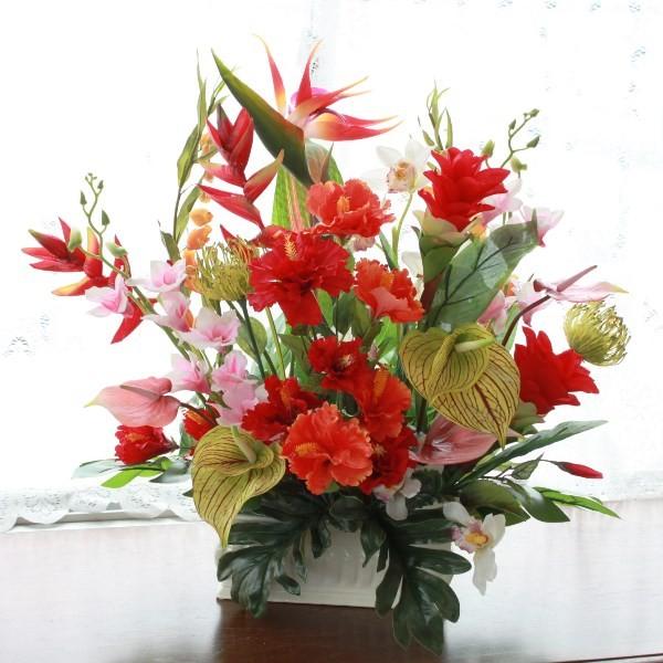 造花 ハイビスカスやストレチアのトロピカルアレンジ シルクフラワー