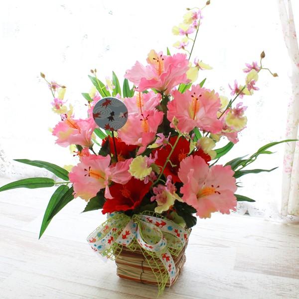 造花 オンシジュームとハイビスカスの和風かごのアレンジ 夏 シルクフラワー Ct触媒 1805 1562 シルクフラワーの山久ヤフー店 通販 Yahoo ショッピング